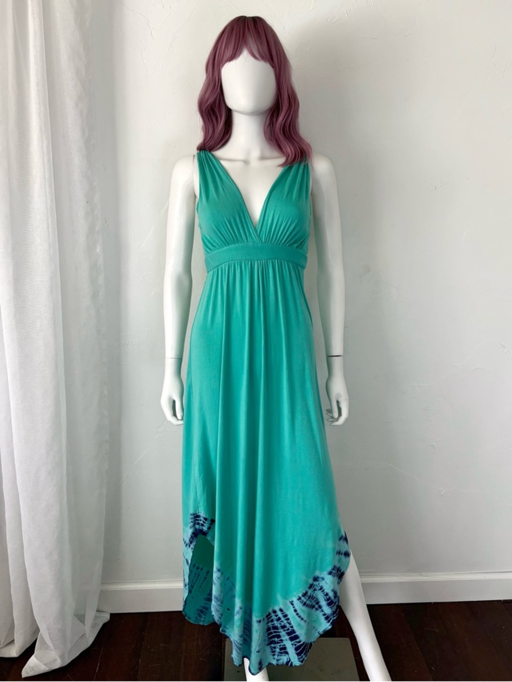 Gypsy 05 Teal Sleeveless V-Neck Maxi Dress with Navy Tie-Dye Hem